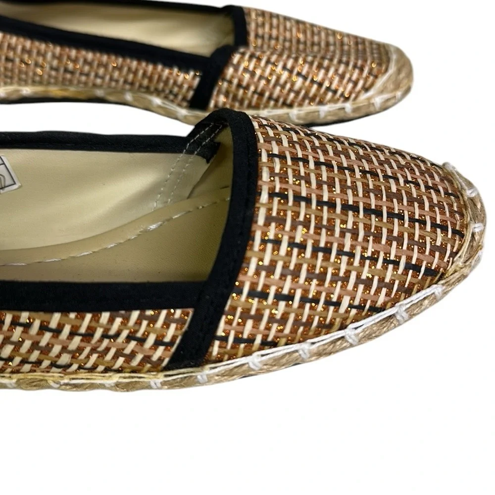 Anson Espadrille Flats Tan Black and Metallic Copper Woven Raffia Shoes Womens 7